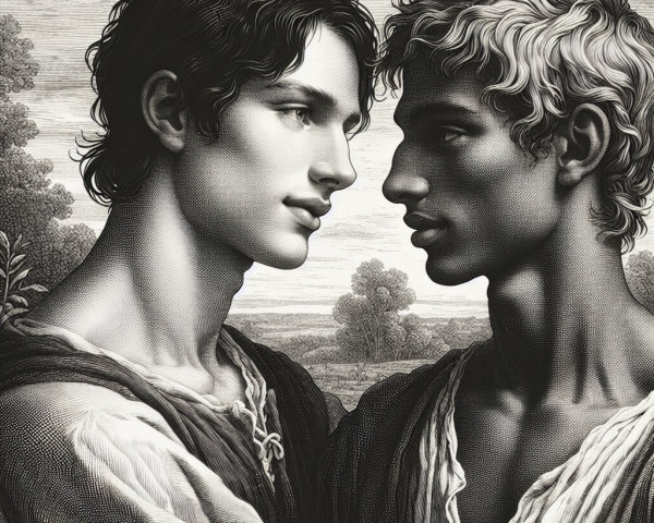 Young men in serene setting with soft light and nature