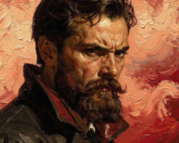 Detailed Oil Painting of Intense Man with Dark Beard