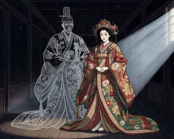 Digital Painting of Figures in Traditional Japanese Hallway