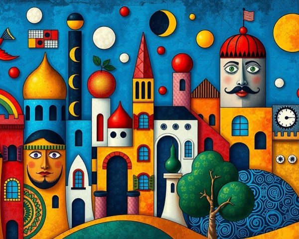 Vibrant Cityscape with Surreal Architecture and Characters