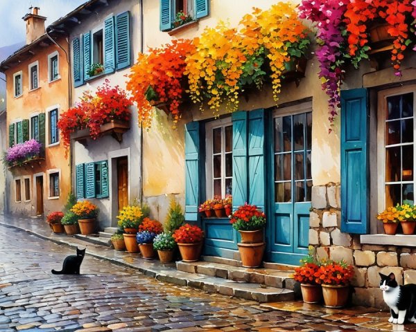 Charming European Street with Flower Boxes and Cats