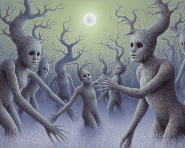 Surreal Moonlit Forest with Ghostly Tree Figures