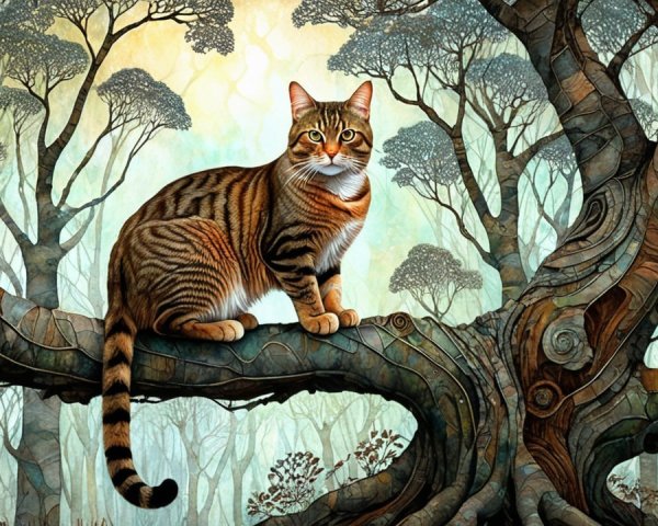 Illustration of a tabby cat in a mystical forest setting