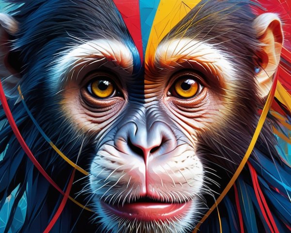 Hyper-detailed monkey face with vibrant abstract background
