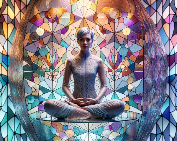 Meditative Figure in Vibrant Stained Glass Enclosure