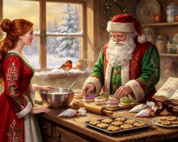 Christmas Kitchen Scene with Woman and Santa Claus
