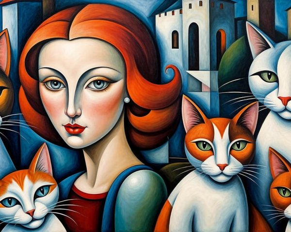 Colorful Artwork of Woman with Cats and Buildings