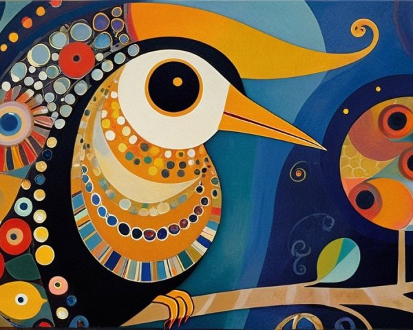 Vibrant Bird on Branch in Whimsical Landscape Art