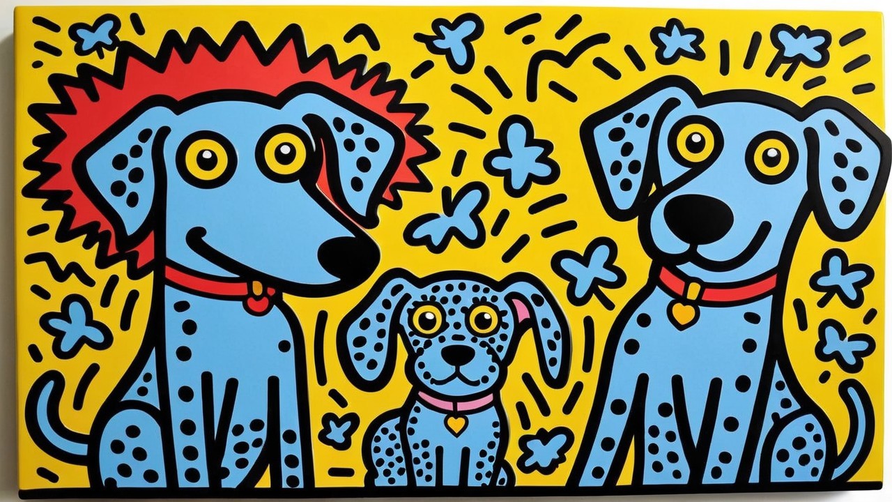 Stylized Dogs with Butterflies on Yellow Background