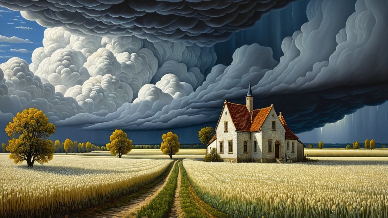 Quaint White House Amid Dramatic Stormy Landscape