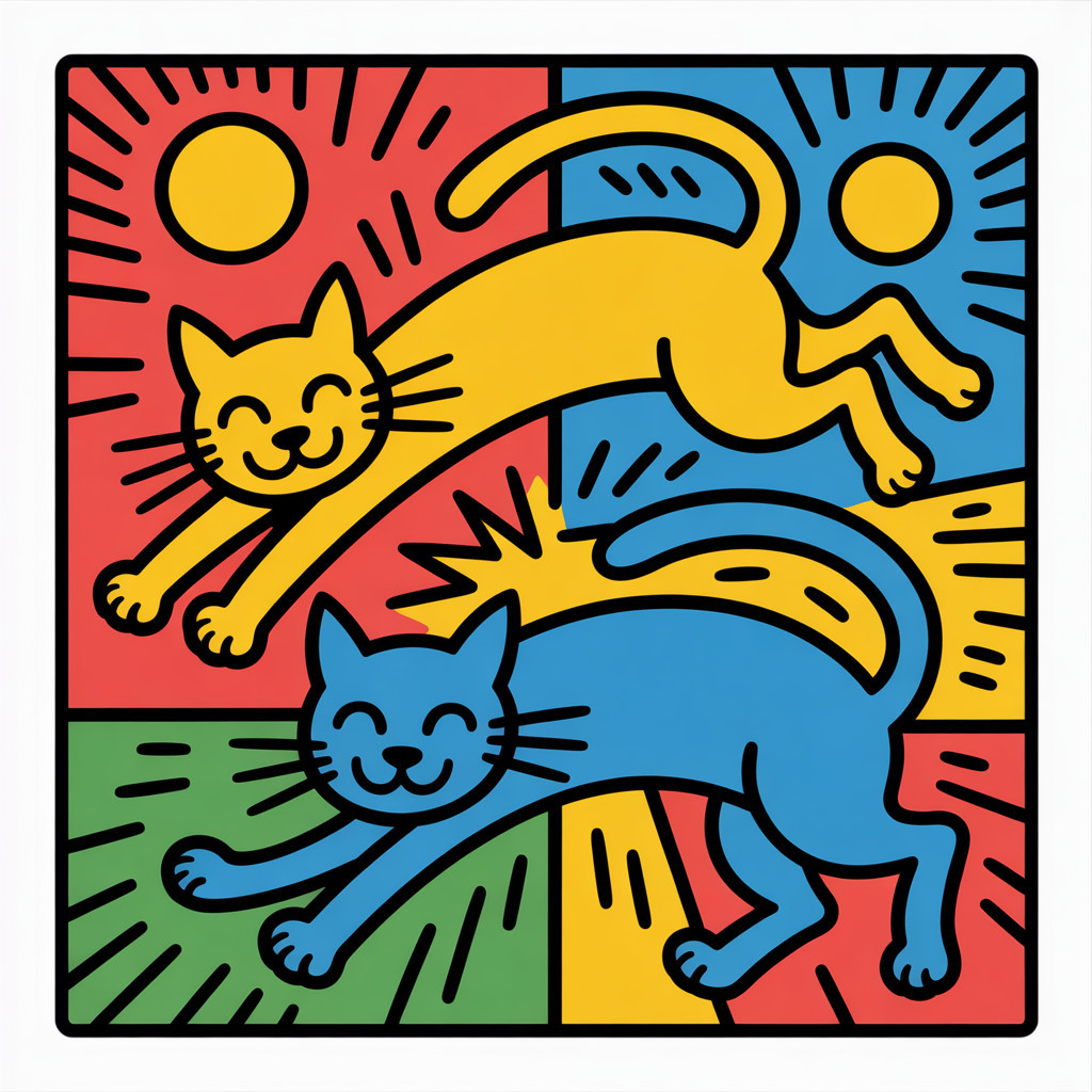 Playful Cats Against Vibrant Four-Section Background