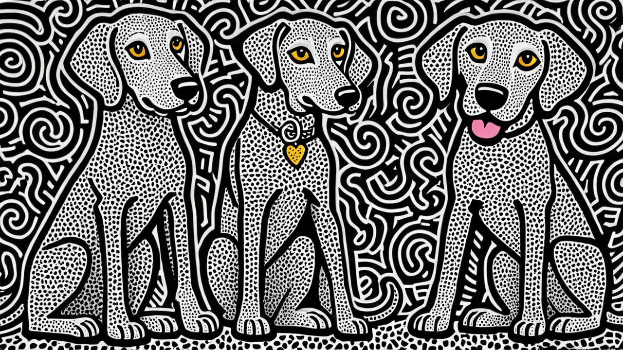 Three Gray Dogs with Golden Eyes on Black and White Background