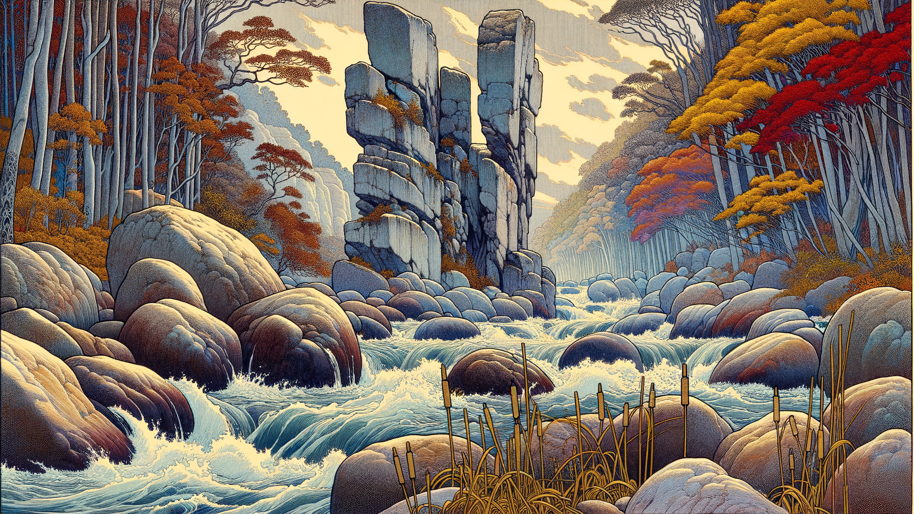 Serene Landscape with Stone Formations and River
