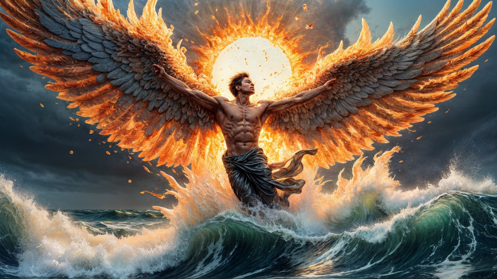 Muscular Figure with Wings Amidst Waves and Storm Clouds