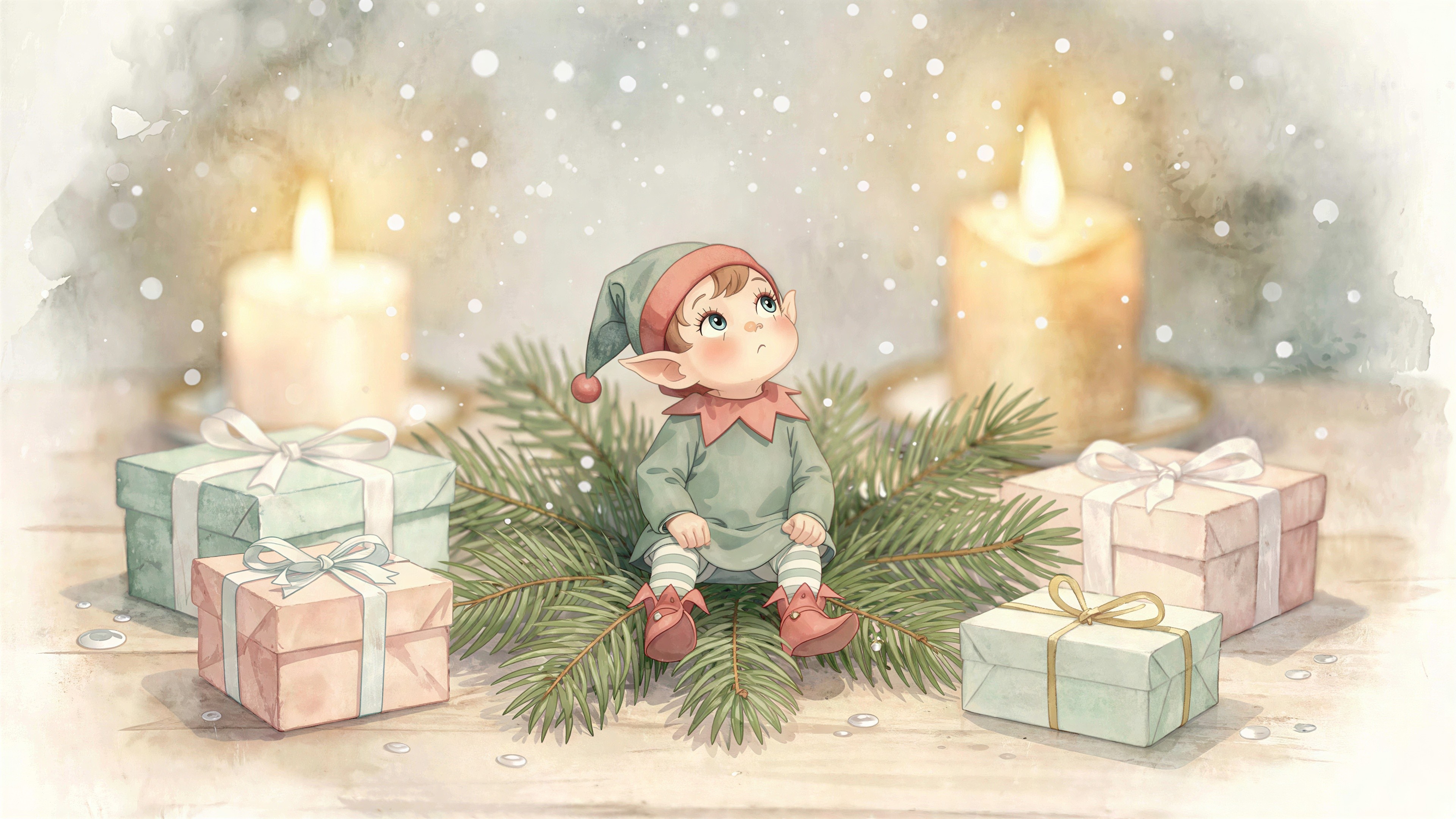 Watercolor Christmas Elf Surrounded by Gifts and Candles