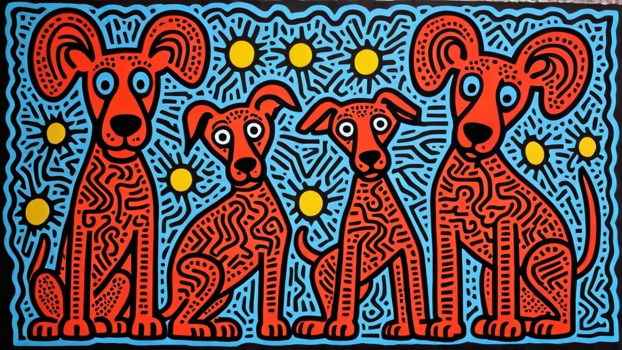 Vibrant depiction of playful dogs on blue background