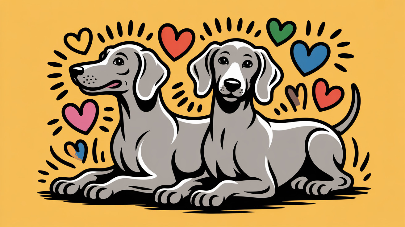 Playful Gray Dogs on Yellow Background with Hearts