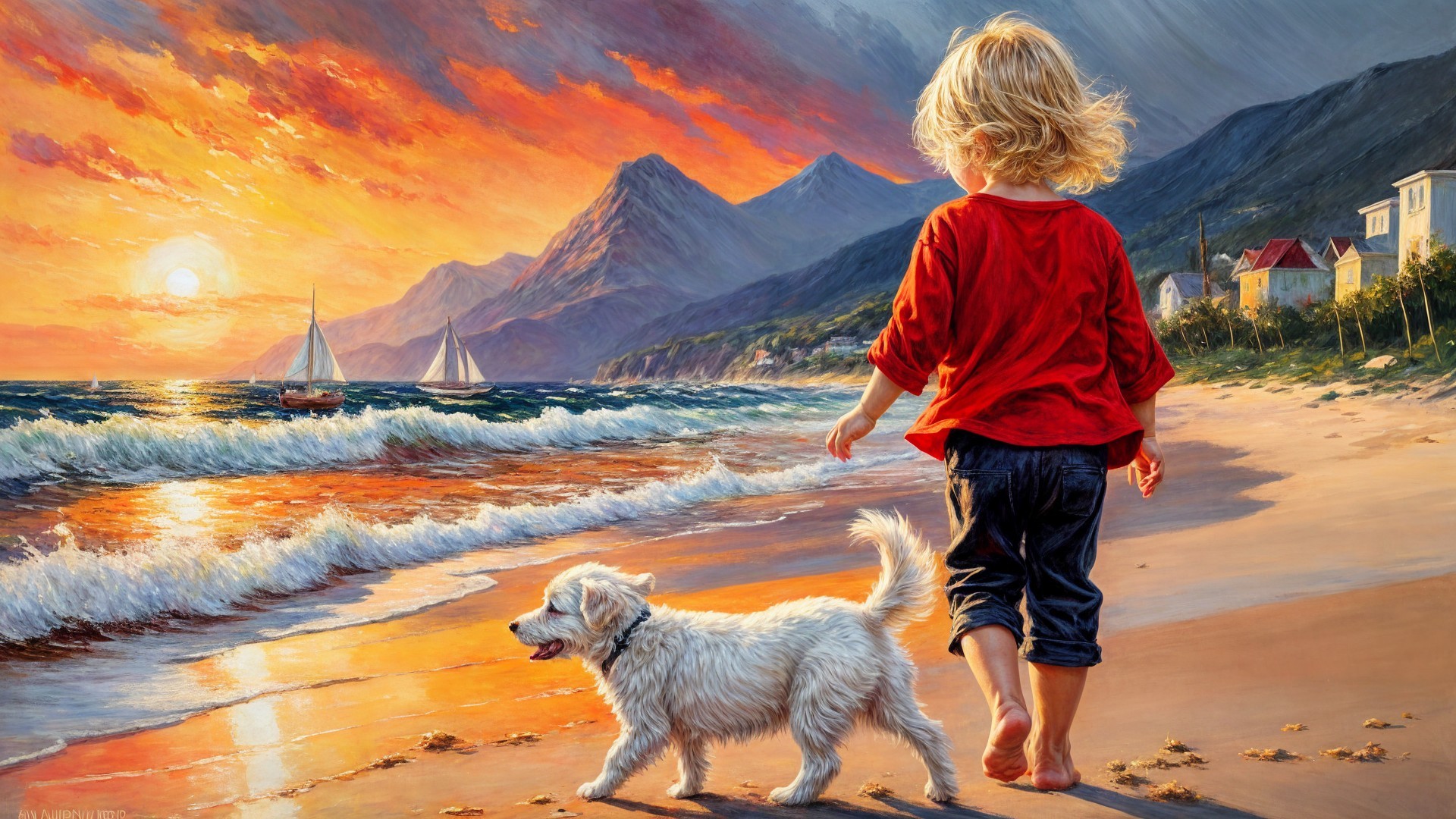 Child in Red Shirt Walking on Beach at Sunset
