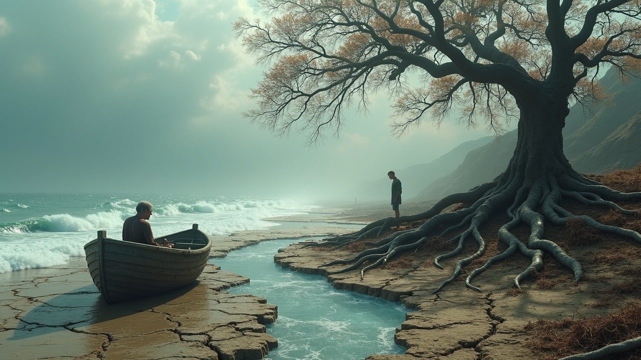 Lone Boat by Tranquil Shore with Misty Mountains