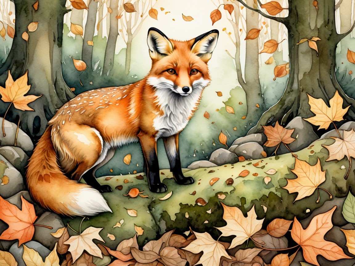 Red Fox on Mossy Log in Serene Autumn Forest