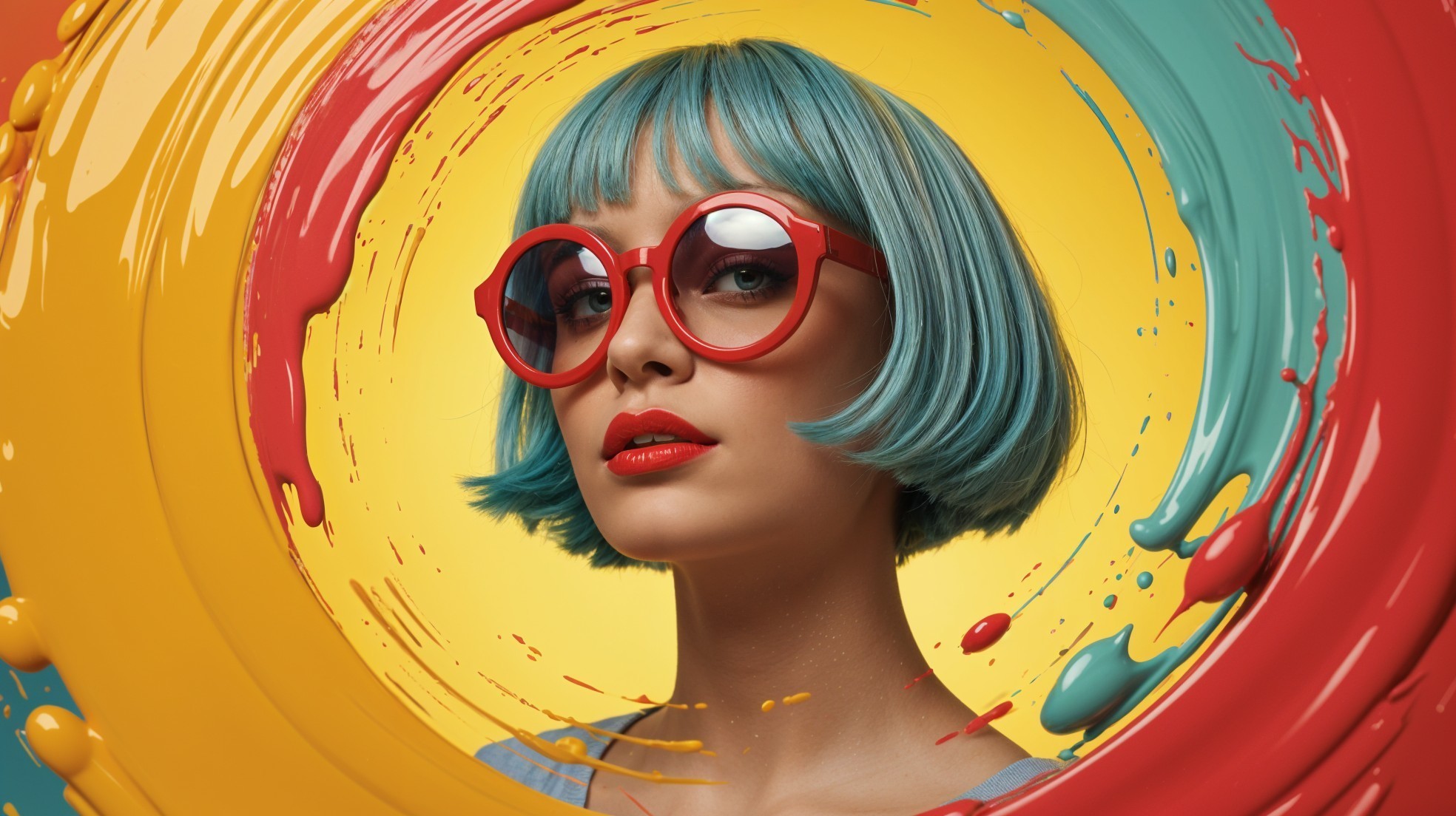 Portrait of a woman with blue bob and red sunglasses