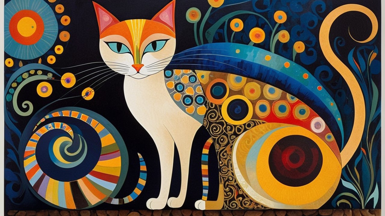 Stylized Cat Artwork with Bold Colors and Patterns