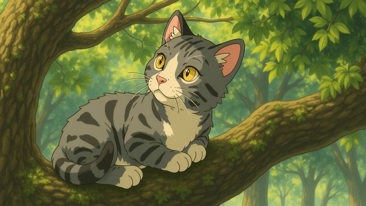 Animated Cat on Tree Branch in Lush Forest Setting