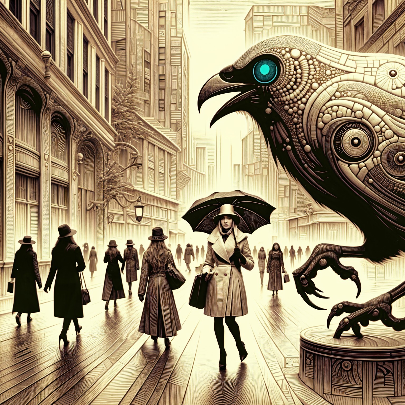 Metallic Crow Overlooks Vintage City Street Scene