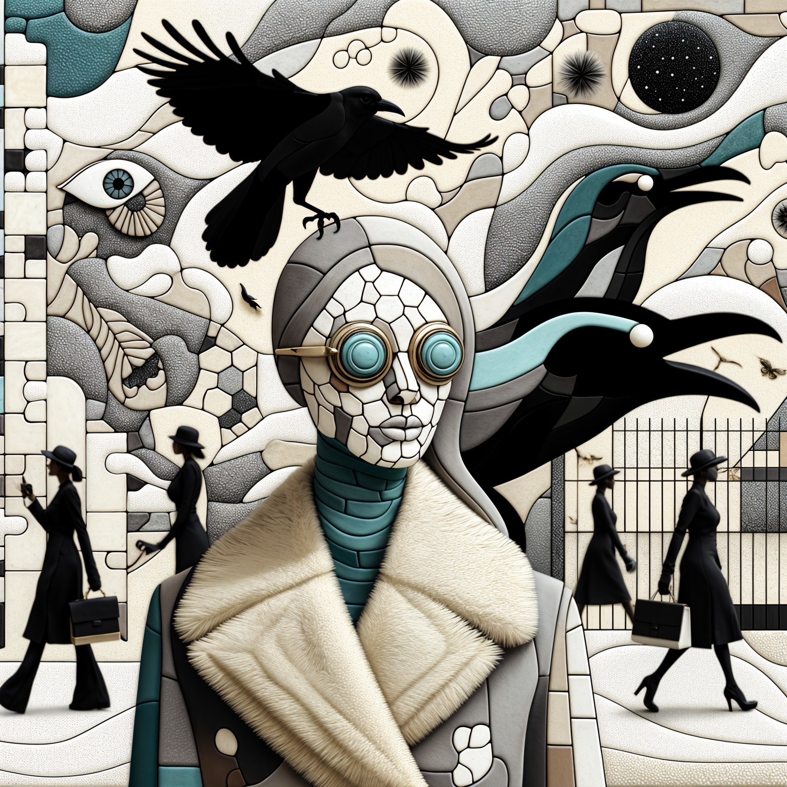 Surreal Collage with Geometric Patterns and Figures