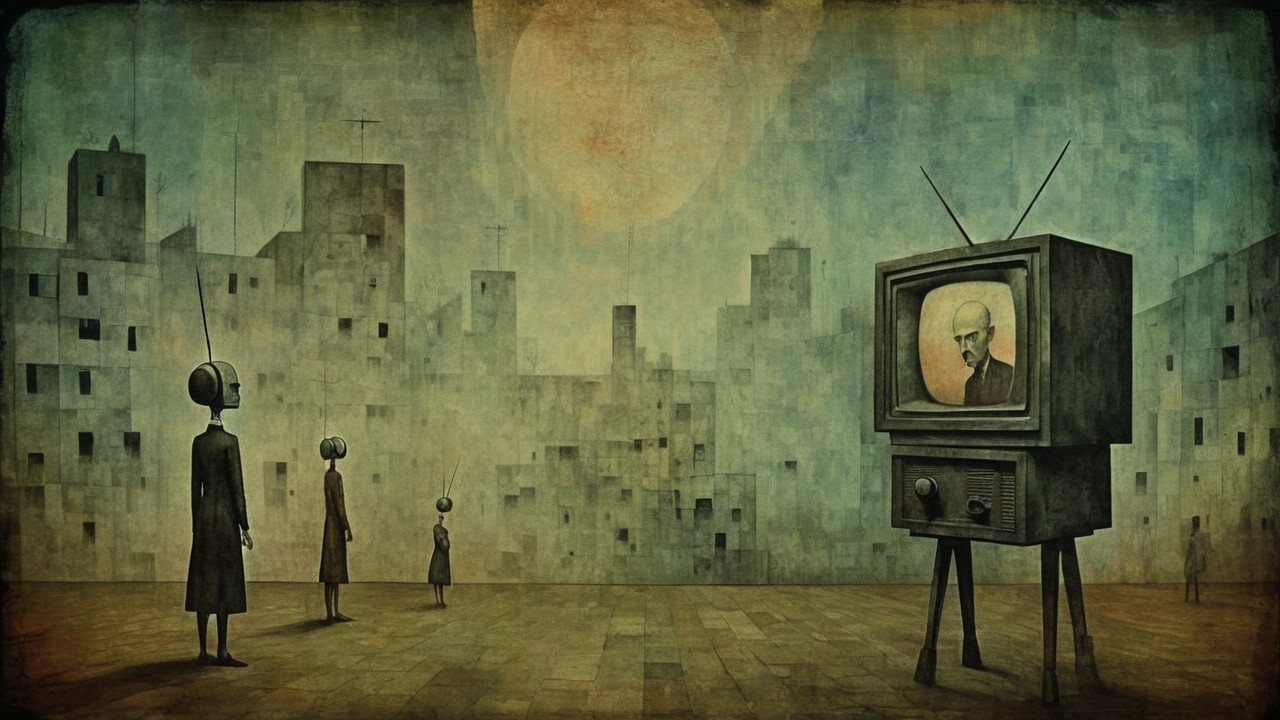 Surreal Cityscape with Antenna-Headed Figures and TV