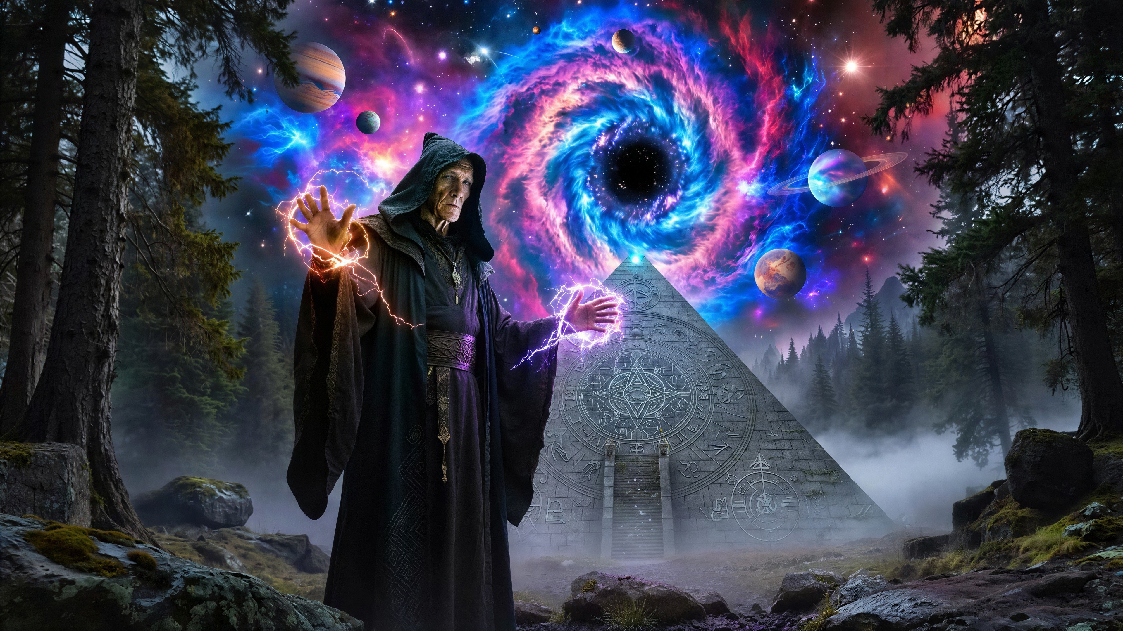 Elderly Wizard Casting Spell in Mystical Forest Scene