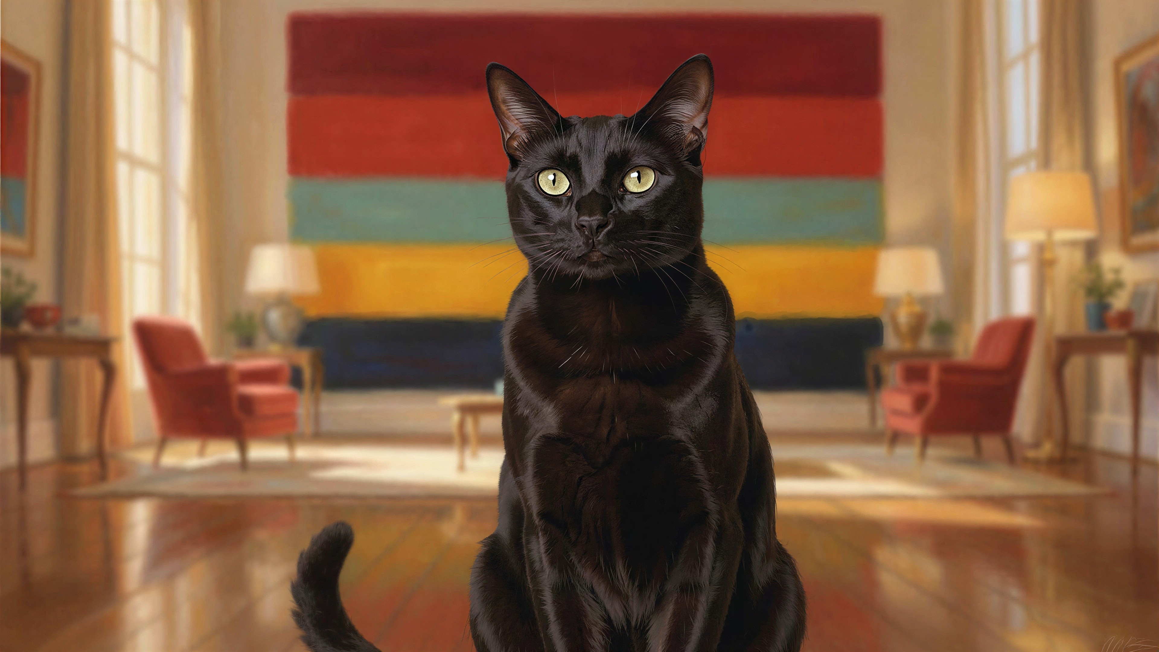 Black Cat in Warmly Lit Living Room Setting