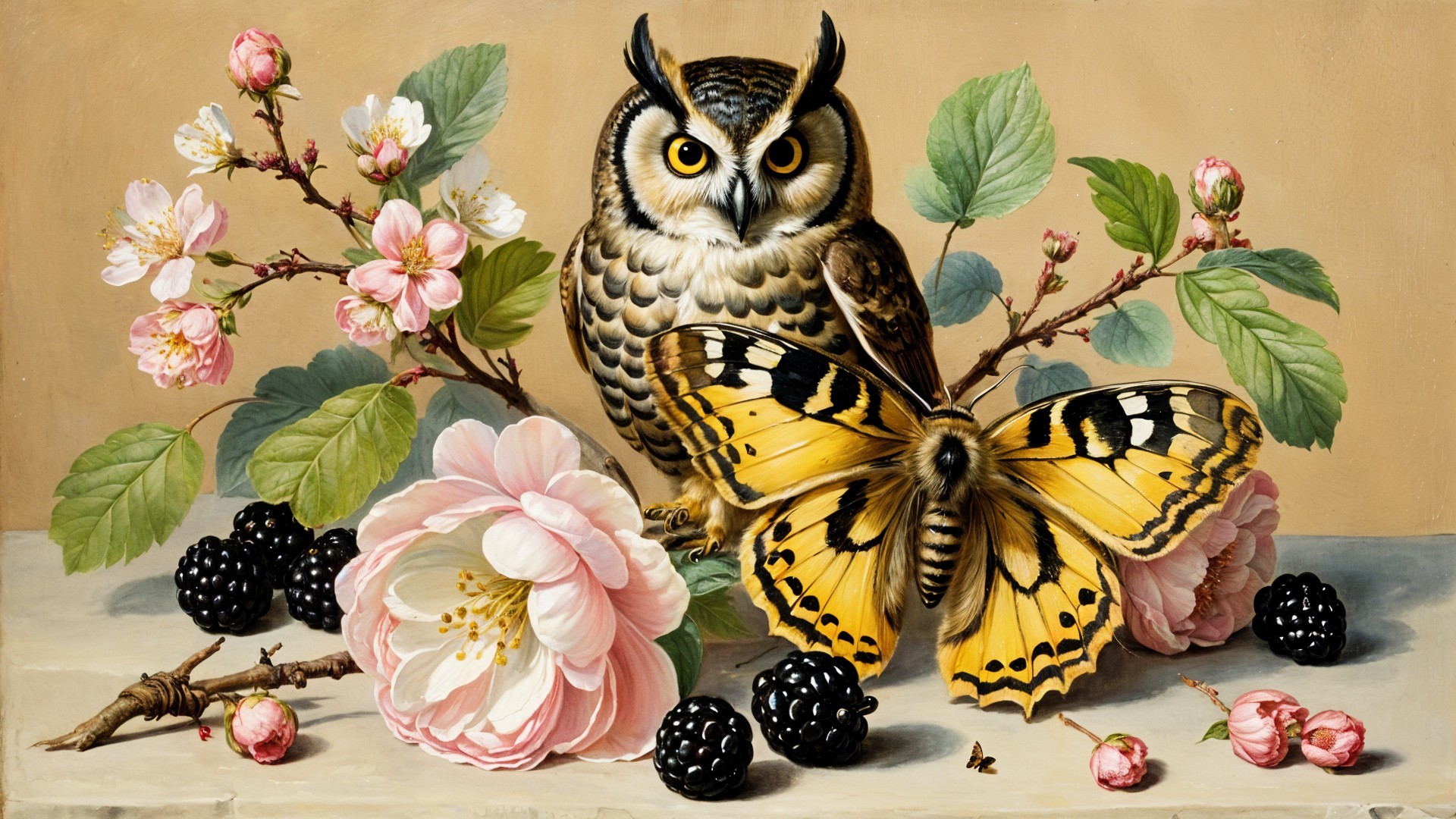 Detailed Painting of Owl, Flowers, and Butterfly
