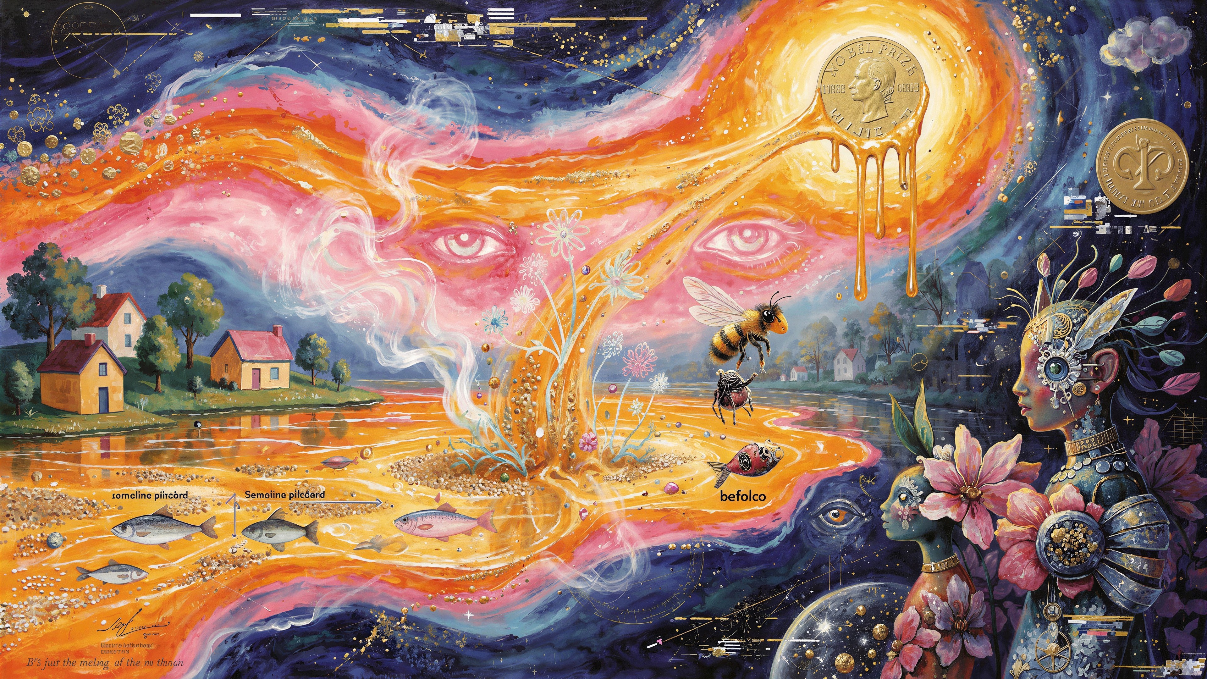 Surrealist Painting of Mystical Landscape with Eyes