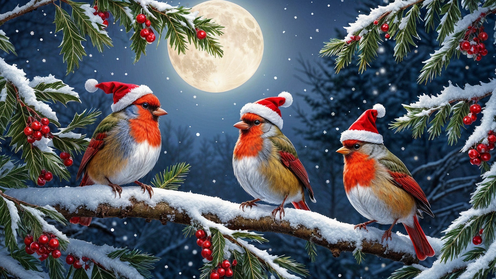Colorful Birds on Snowy Branch with Santa Hats