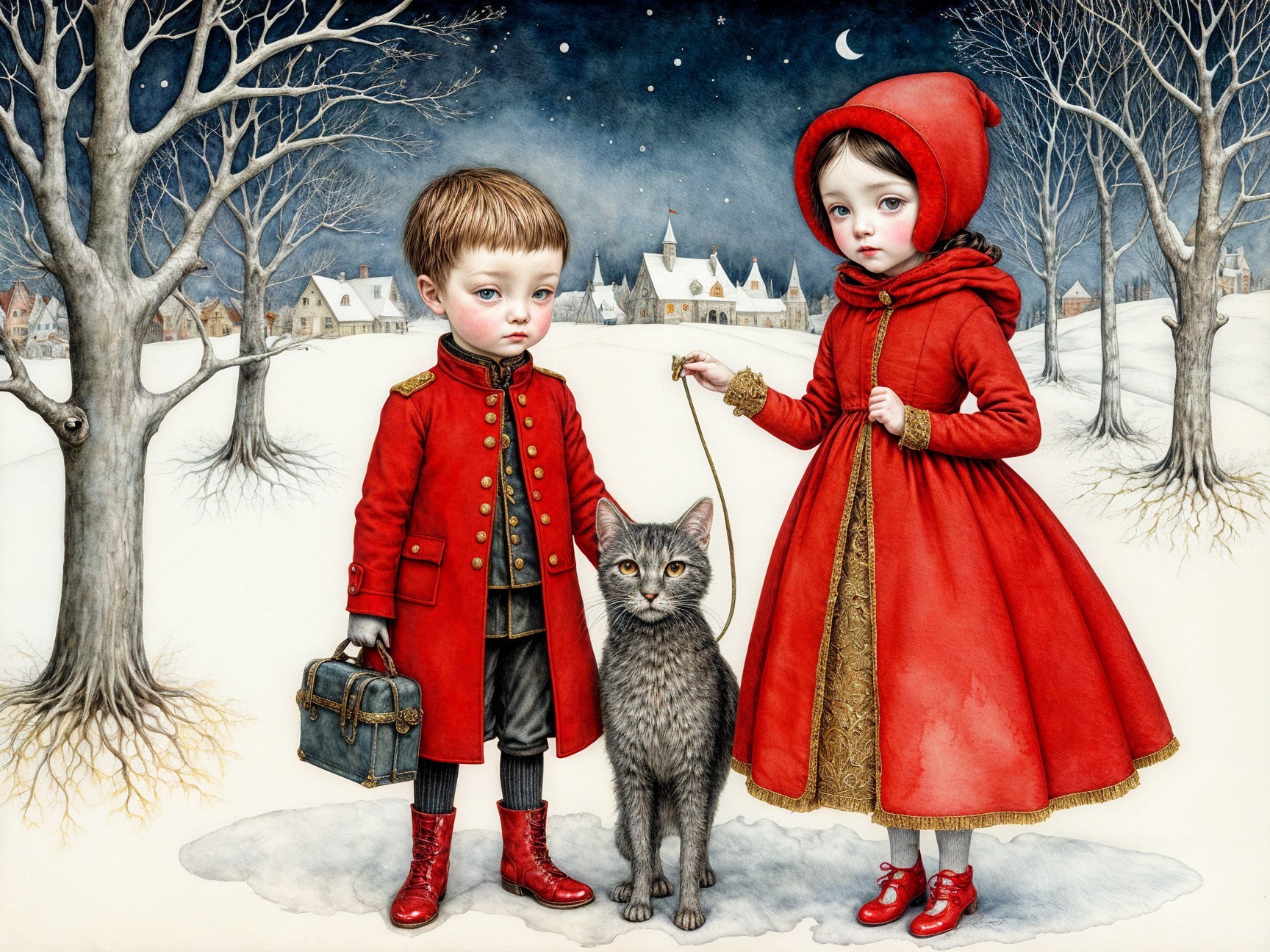 Children in Winter Landscape with Cat and Suitcase