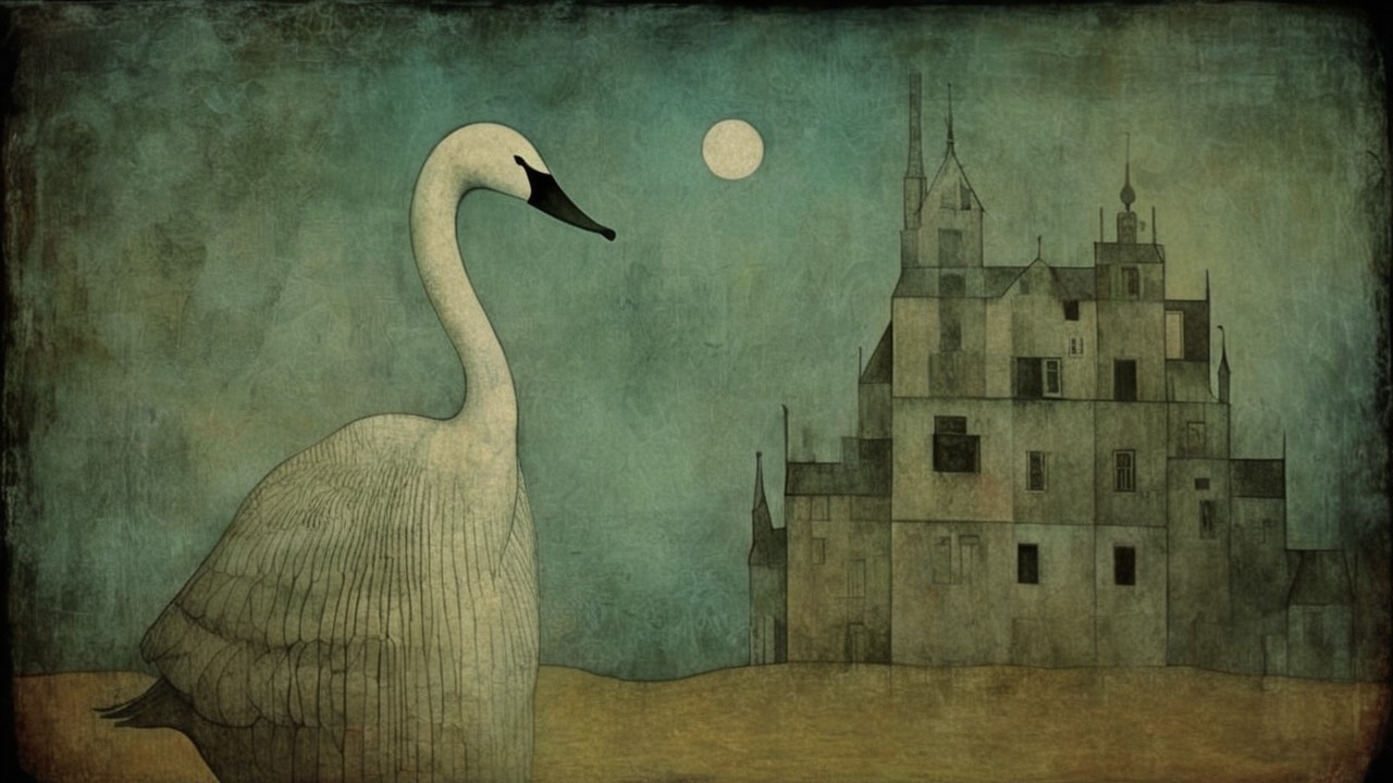 Serene landscape with swan and whimsical castle