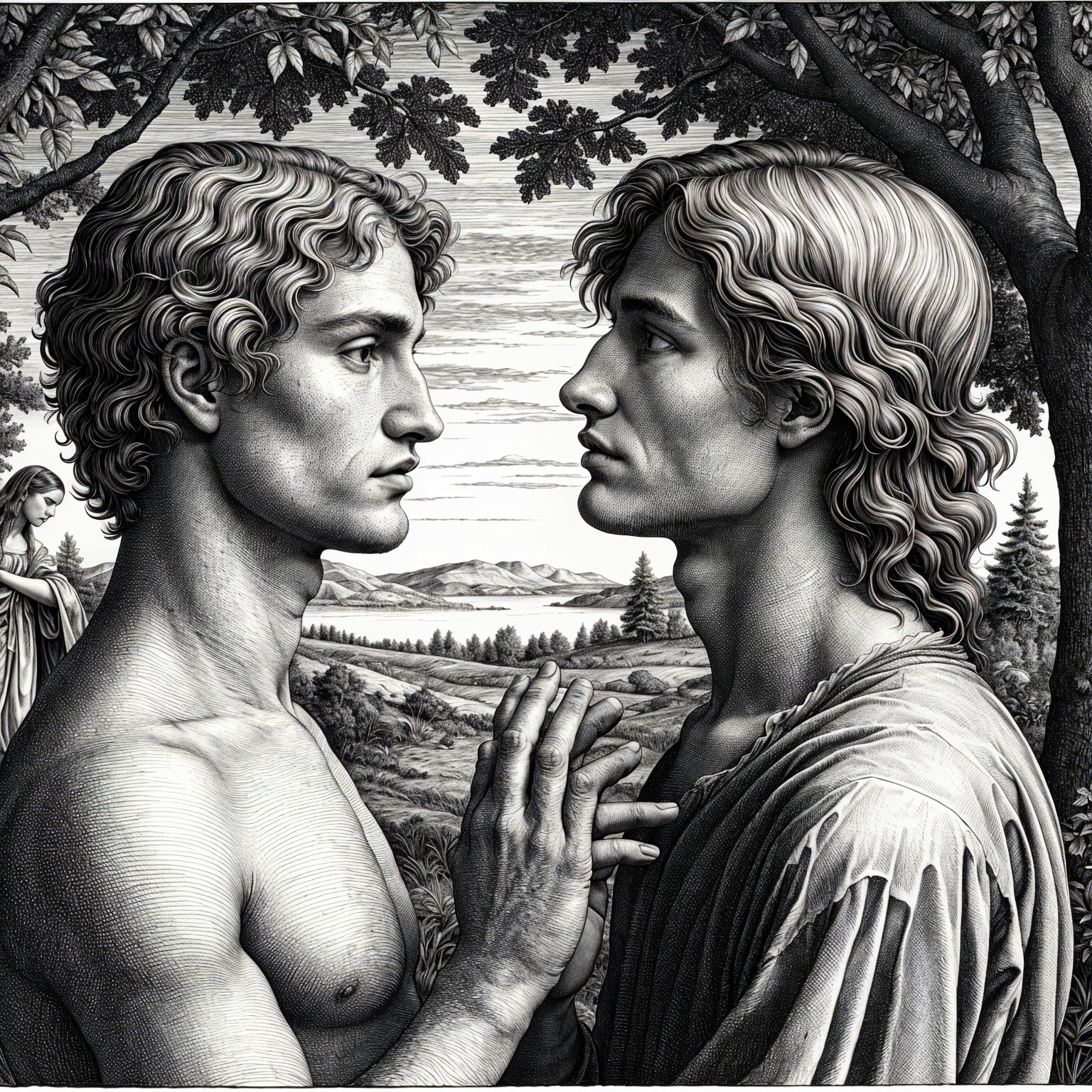 Young Men in Contemplation Against a Serene Landscape