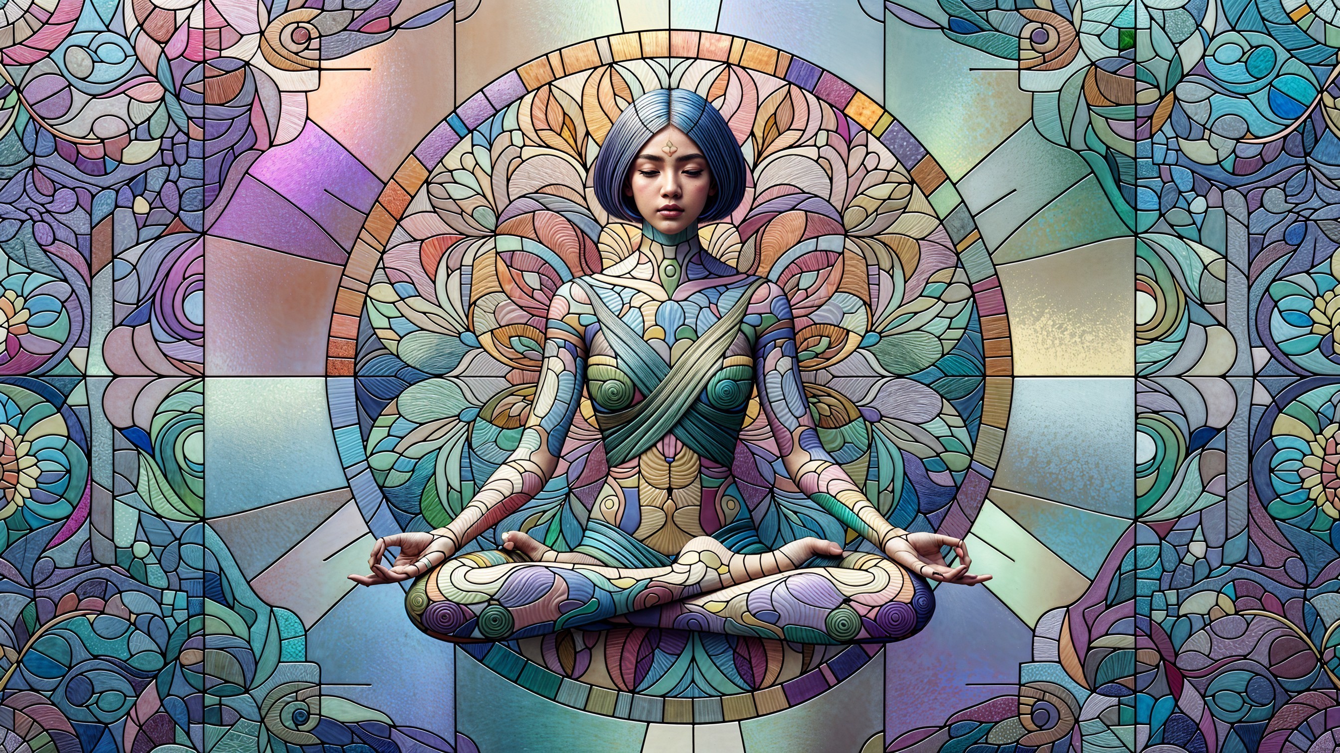 Serene Figure in Meditative Pose with Stained Glass