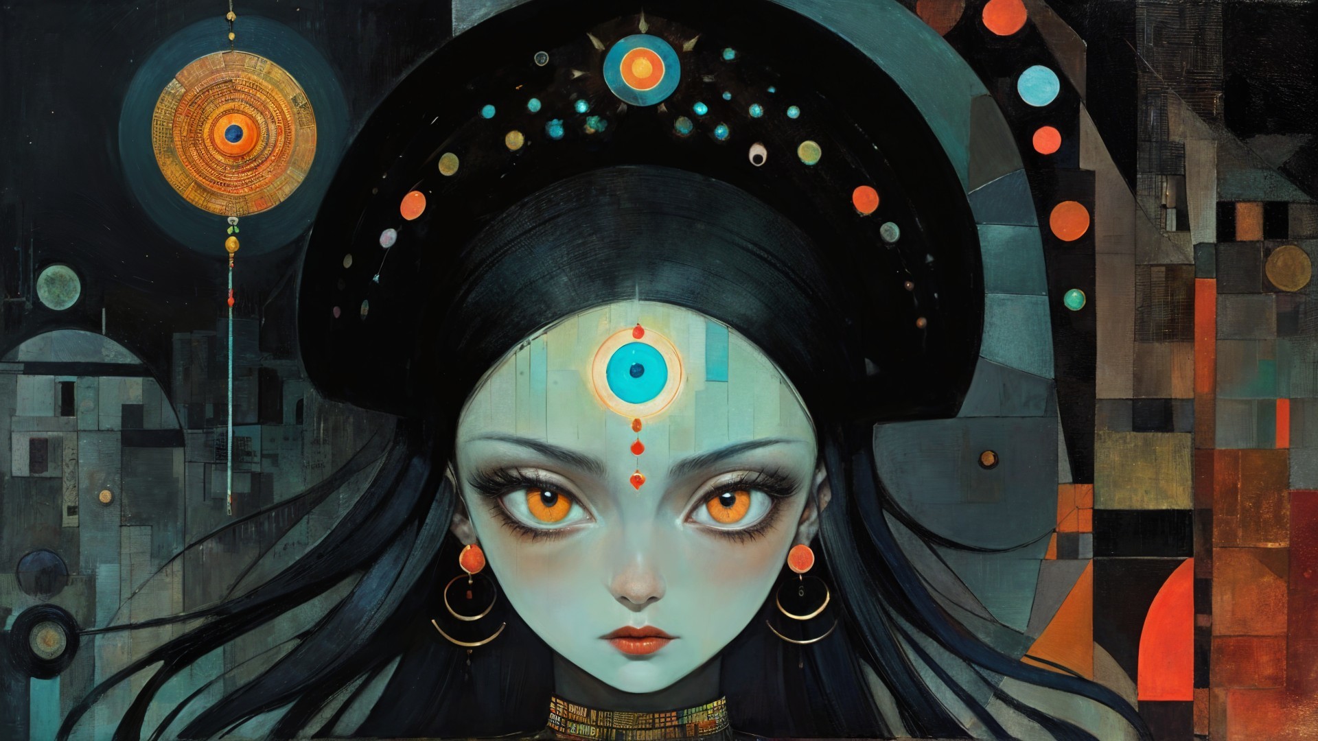 Mysterious Female Figure with Blue Complexion and Eyes