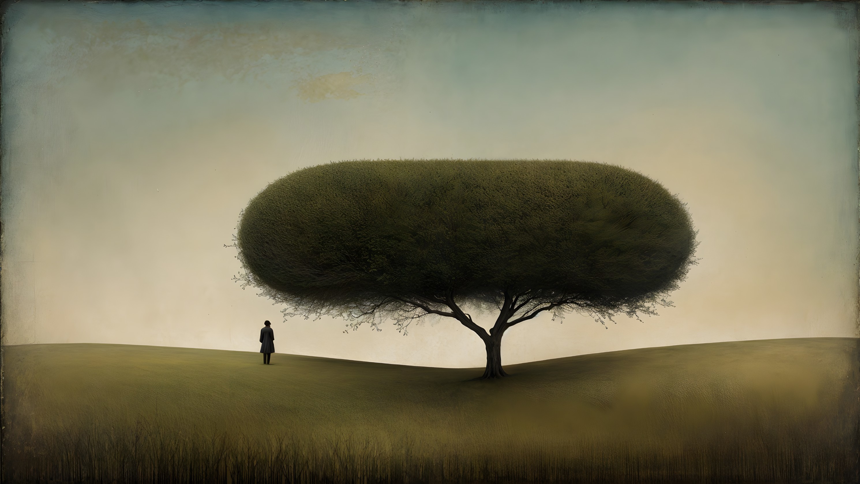 Solitary Figure on Hill with Dominant Tree Canopy