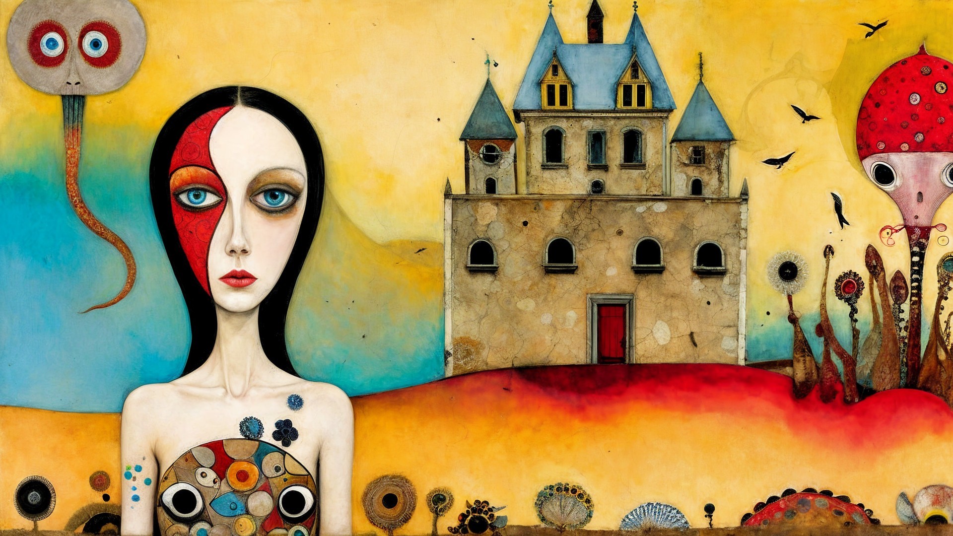 Surreal Scene of Woman with Colorful Castle and Creatures
