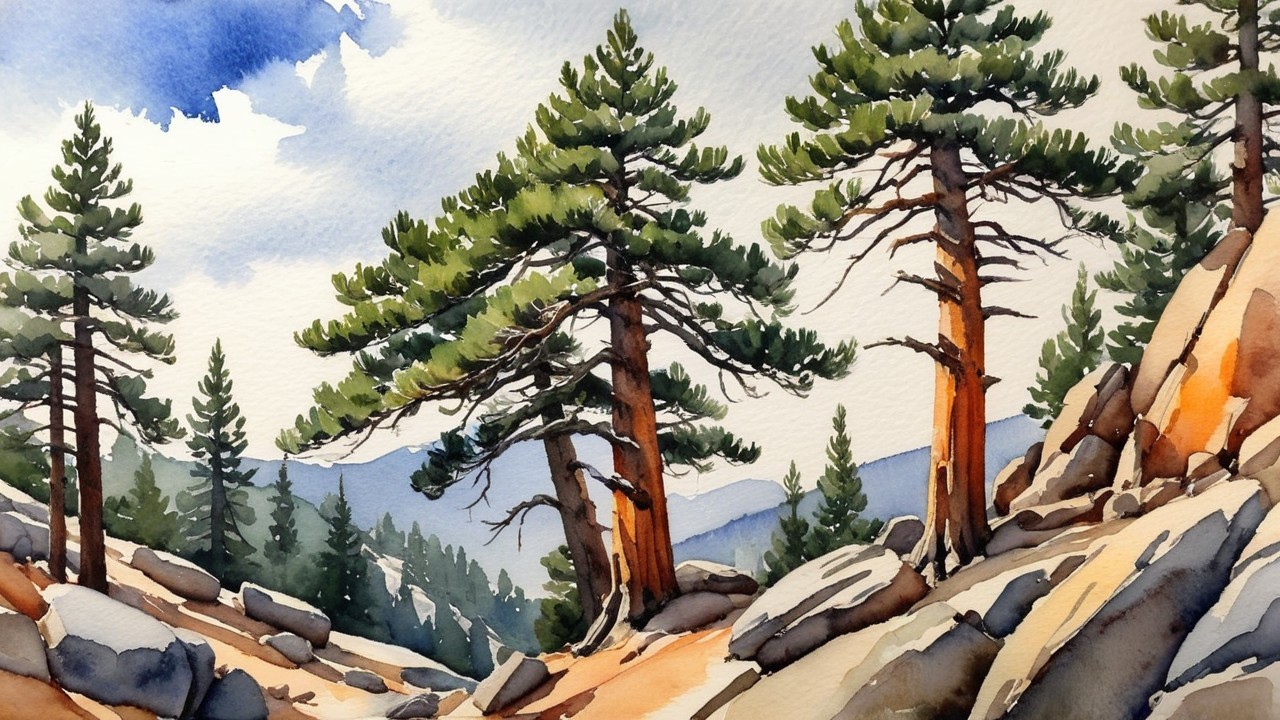 Serene Landscape with Evergreen Trees and Mountains