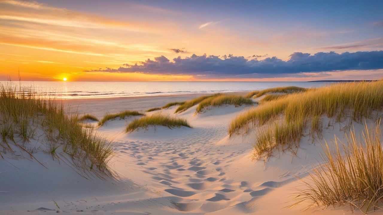 Tranquil Beach Sunset with Soft Sand Dunes and Waves