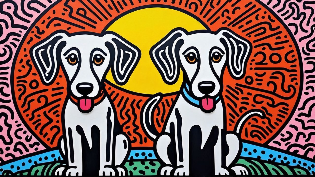 Playful White Dogs on Bold Sunburst Background