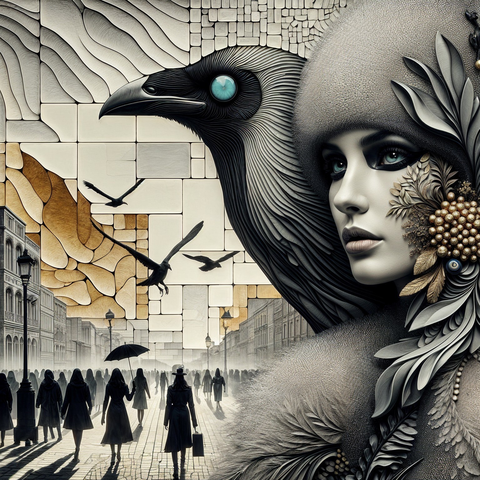 Surreal Woman and Crow Blend in Misty Street Scene