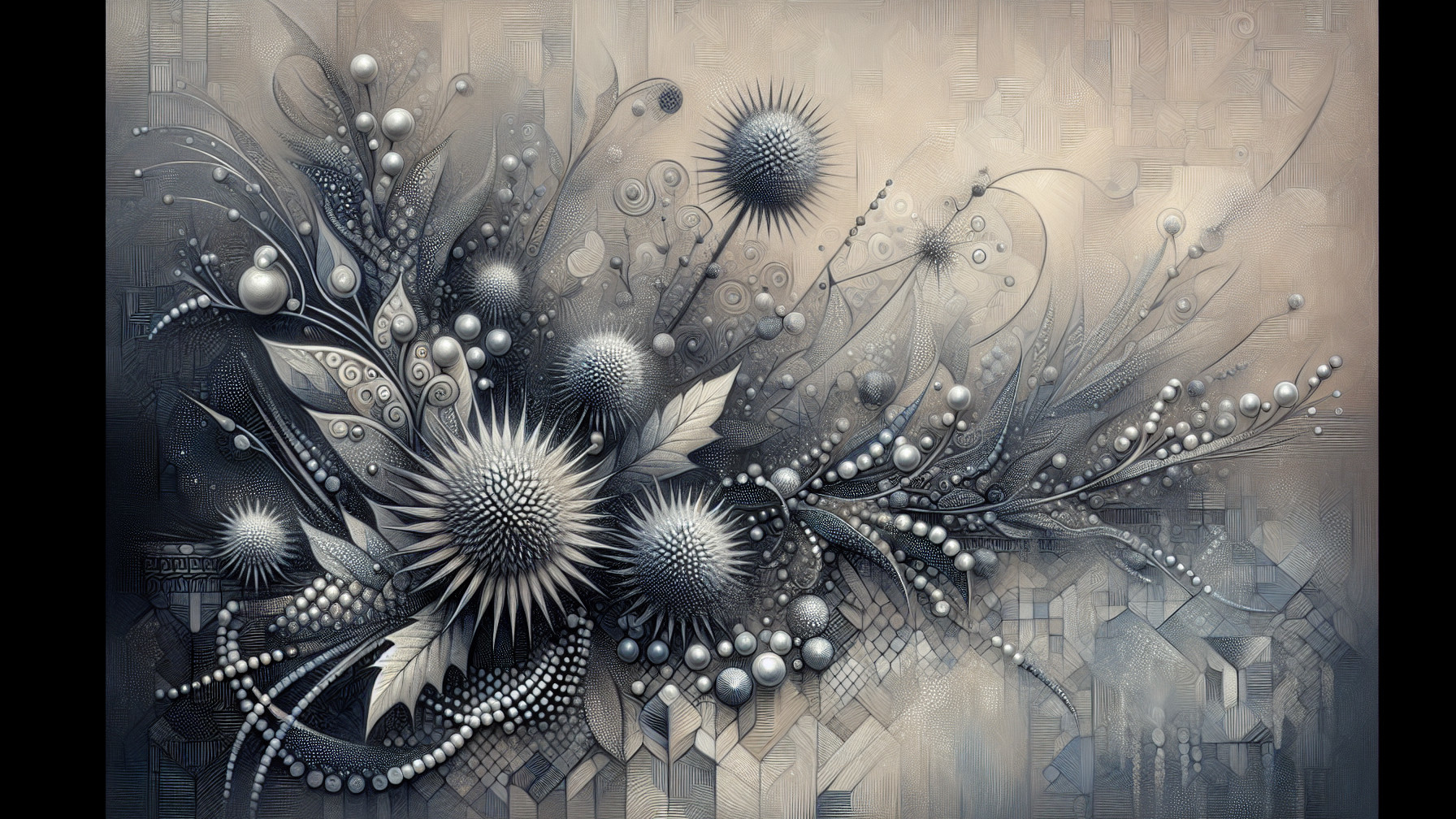 Intricate Abstract Composition with Flora and Geometric Shapes