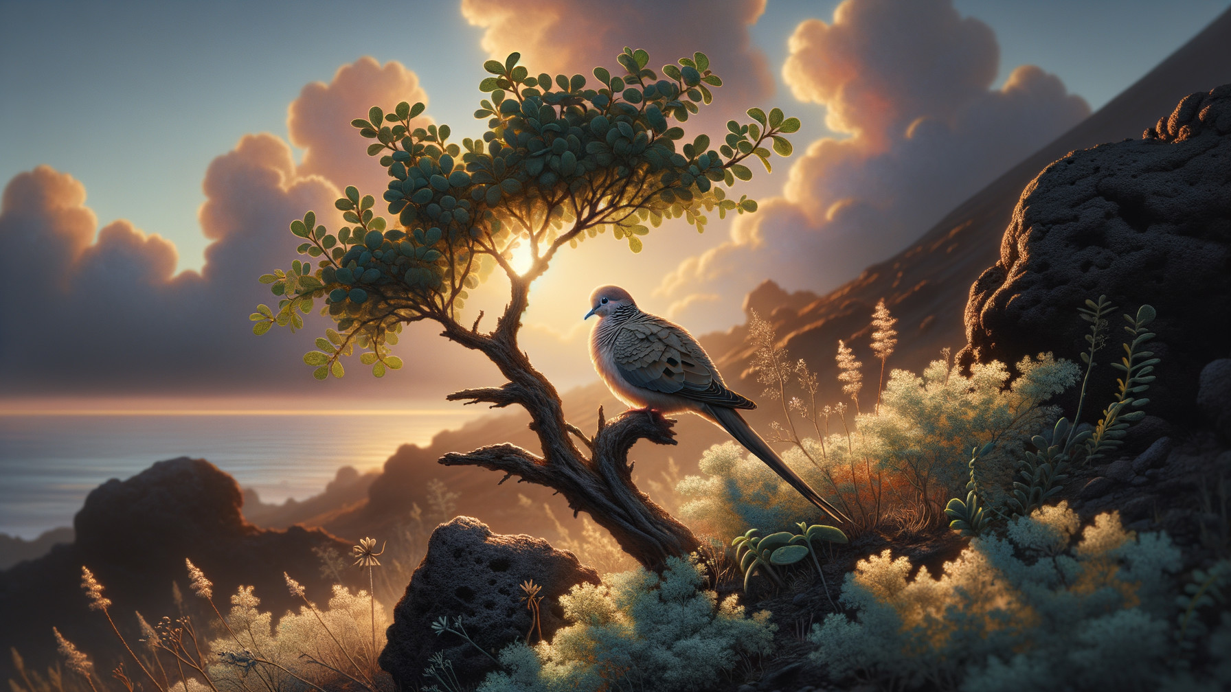 Serene Landscape with Bird and Sunset Illumination