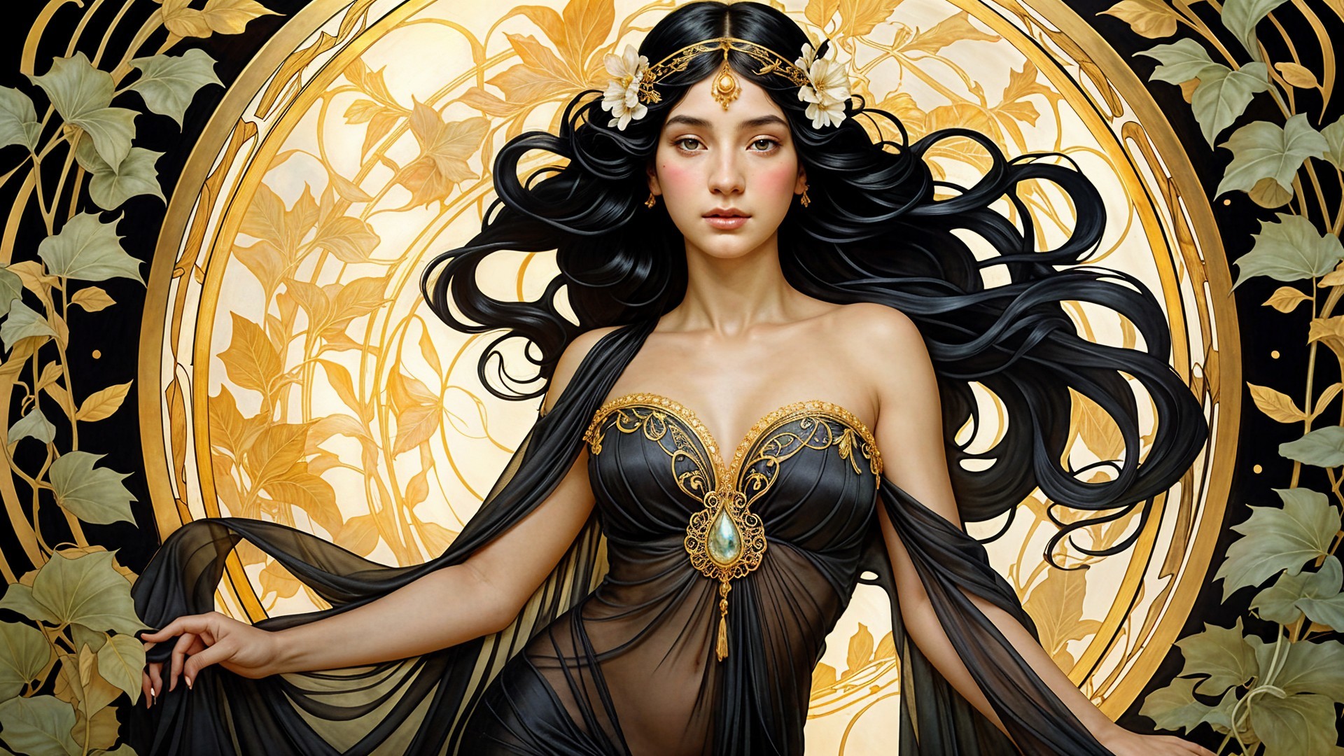 Elegant Figure in Black Gown with Golden Accents