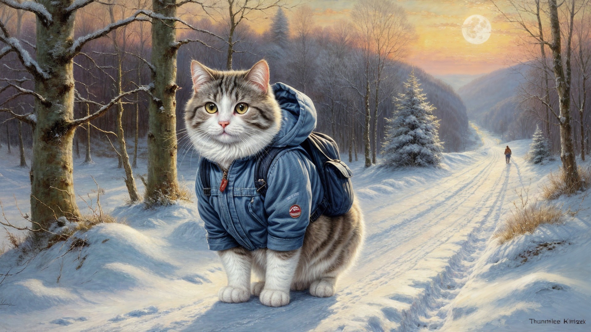 Whimsical Cat in Blue Jacket on Snowy Forest Path